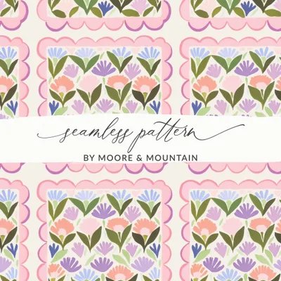Seamless Pastel Floral Pattern Digital, Folk Art Flowers Scalloped Frame, Whimsical Botanical Tile Repeat, Nursery Wallpaper Design