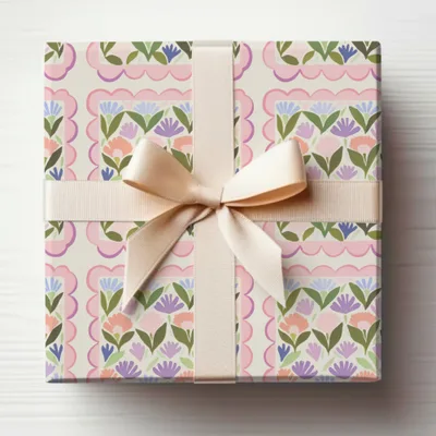 Floral Pastel Pattern Gift Wrap With Cream Ribbon