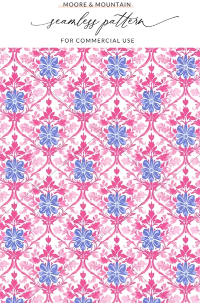 Pink and blue floral damask pattern with "Moore & Pattern" text.