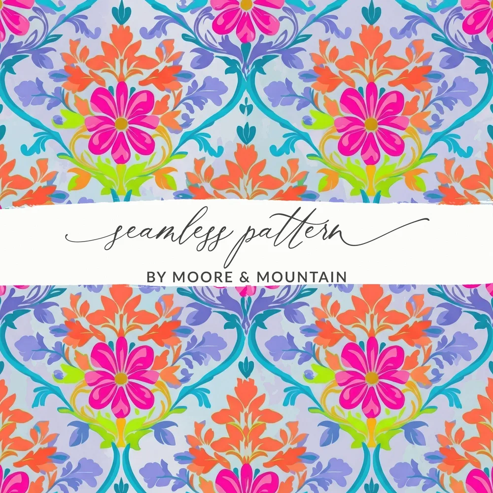 Seamless pattern with vibrant floral motifs and ornate scrollwork in pink, orange, and blue.