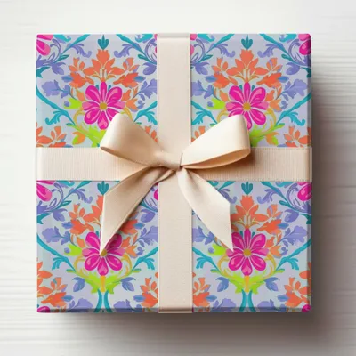 Gift-wrapped box with floral pattern and light beige ribbon bow.