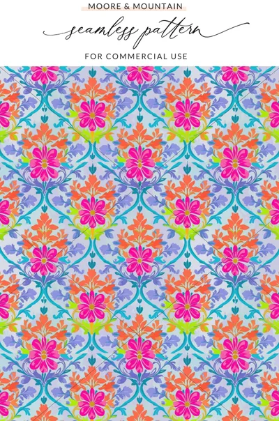 Floral damask pattern with bright pink and orange flowers on a blue and purple background.