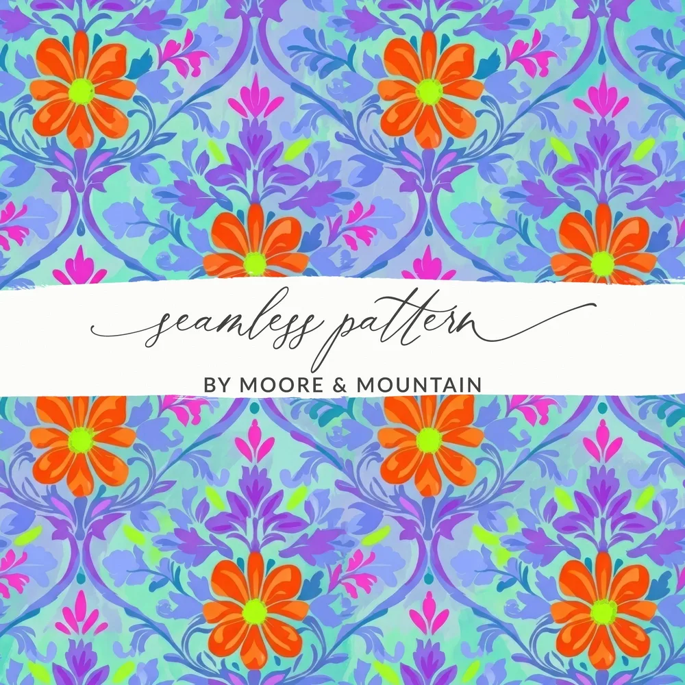 Seamless floral pattern with orange flowers on a blue and purple background.