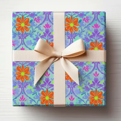 Gift box wrapped in floral paper with orange flowers and beige ribbon.