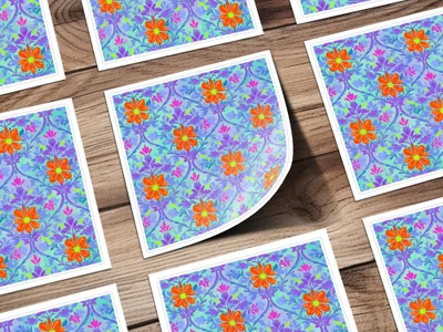 Floral pattern with orange flowers and purple swirls on light blue background.