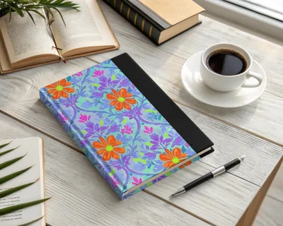 Floral patterned journal with coffee and pen on a wooden desk.