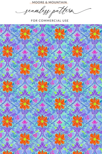 Seamless floral pattern with orange flowers on a blue and purple damask background.