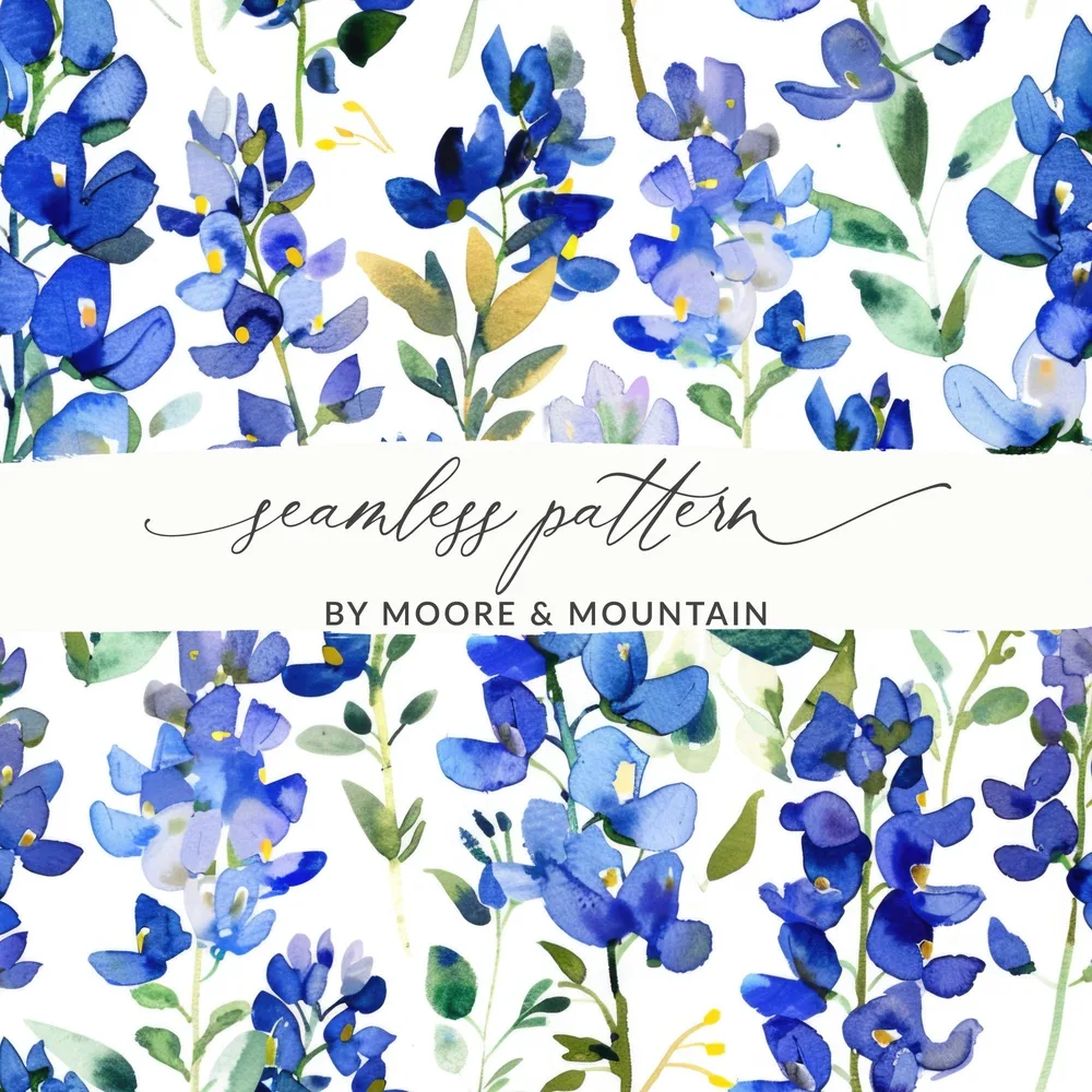 Spring Seamless Pattern Watercolor Bluebonnet Floral Pattern Beautiful Artistic Digital - Moore and Mountain