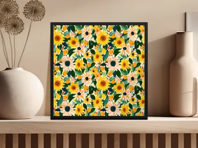 Vibrant Sunflower and Daisy Pattern Framed Art Print