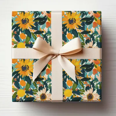 Sunflower and Floral Gift Wrap with Cream Ribbon