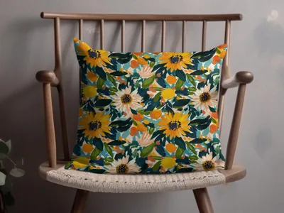 Vibrant Floral Cushion with Sunflowers and Greenery