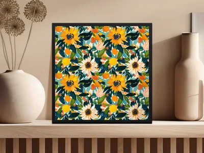 Bright Sunflower and Leaf Pattern Framed Art Print