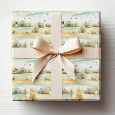 Beautiful Pastoral Scene Gift Wrap with Bow