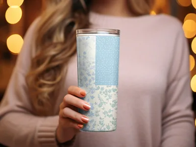 Patchwork Style Blue and White Floral Insulated Tumbler
