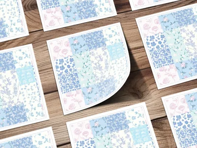 Blue and Pink Floral Patchwork Design Artwork Print