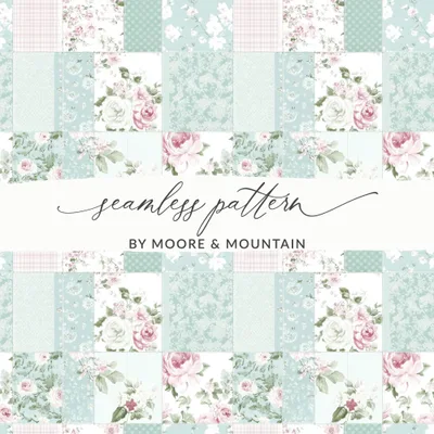 Shabby Chic Patchwork, Floral Seamless, Digital Paper Pack, Quilt Pattern, Vintage Style, Mint Green, Rose, Scrapbooking, Fabric Design