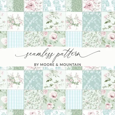 Shabby Chic Patchwork Floral Seamless Pattern, Digital Paper Pack, Roses Print, Scrapbook Paper, Aqua Green Background, Fabric Design