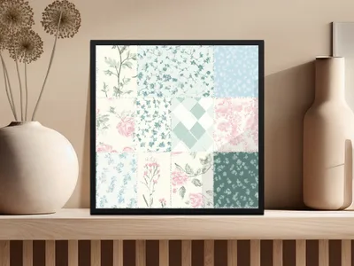 Floral Patchwork Design Wall Art Print in Frame