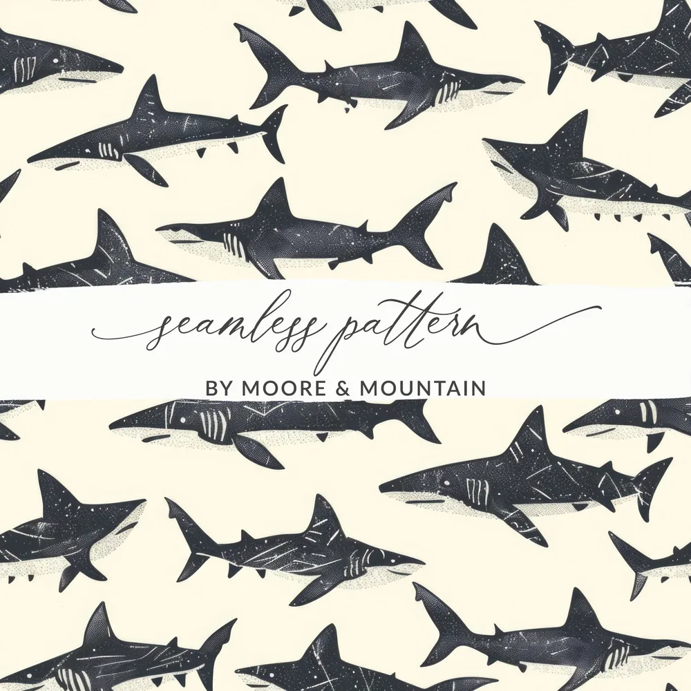 Shark Seamless Pattern, Ocean Animal Digital Paper, Dark Sharks Print, Nautical Fabric Design, Commercial Use Digital Download - Moore and Mountain