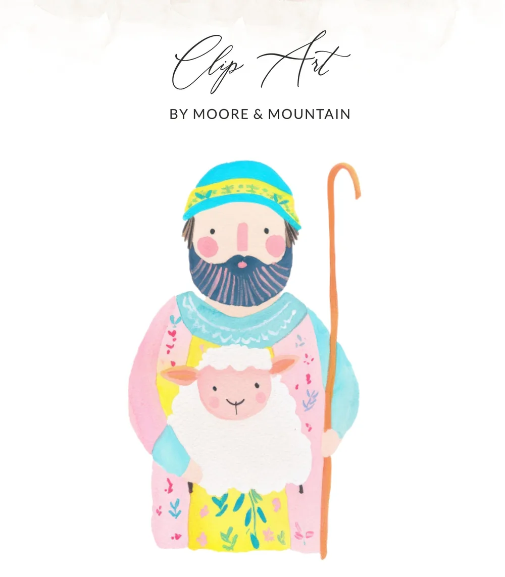Shepherd with sheep, holding crook, in colorful robes.