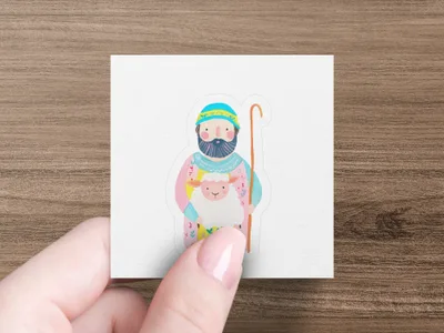 Cartoon shepherd with staff holding a sheep, on a sticker.