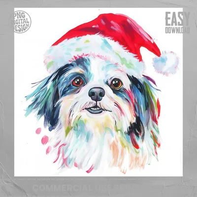 Shih Tzu Christmas PNG Digital Download, Santa Dog Clipart, Holiday Pet Portrait Printable, Dog Mom Sublimation Design, Festive Wall Art