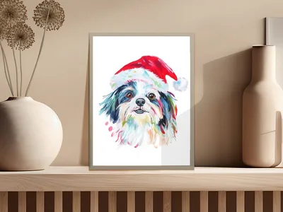 Shih Tzu Christmas PNG Digital Download, Santa Dog Clipart, Holiday Pet Portrait Printable, Dog Mom Sublimation Design, Festive Wall Art