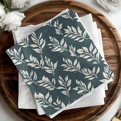 Elegant White Leaves on Dark Blue Napkins Product