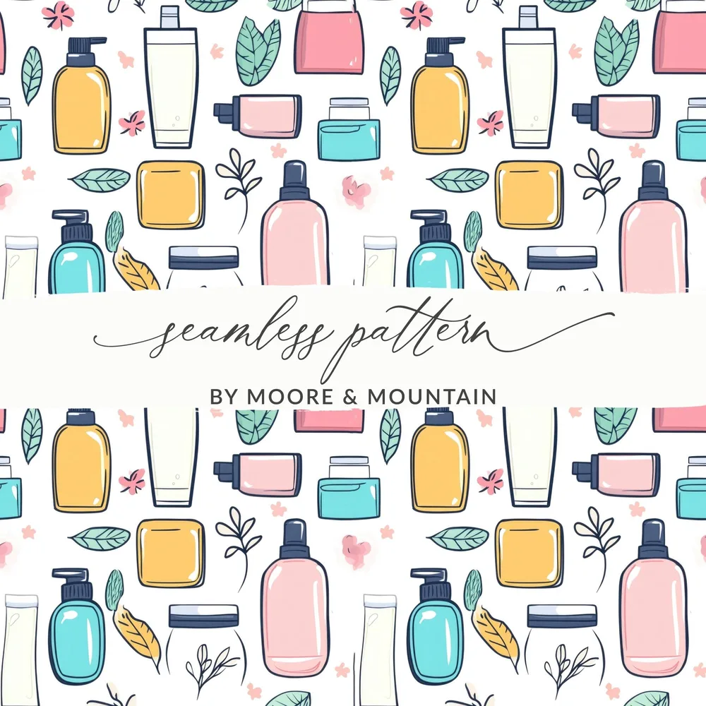 Skincare Pattern Digital Paper, Pastel Cosmetics Seamless Design, Beauty Product Illustration, Aesthetic Planner Background - Moore and Mountain