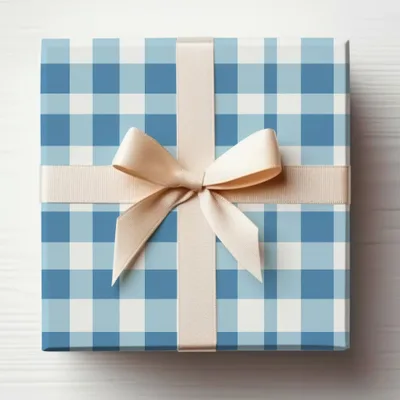 Blue and White Plaid Gift Box with Elegant Ribbon Wrap