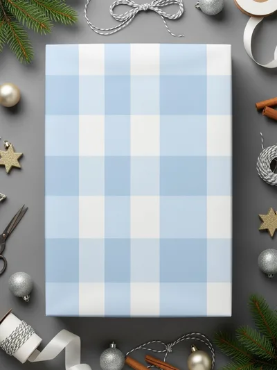Blue and White Checkered Gift Wrap with Holiday Theme