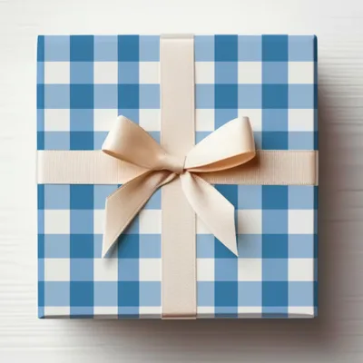 Blue and White Checkered Gift Box with Cream Ribbon