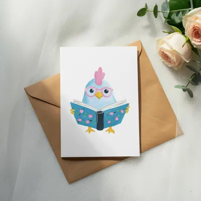 Illustration of a blue bird wearing glasses reading a book.
