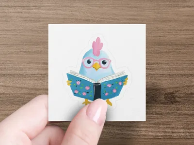 Cartoon chicken with pink glasses reading a book with blue floral pages.