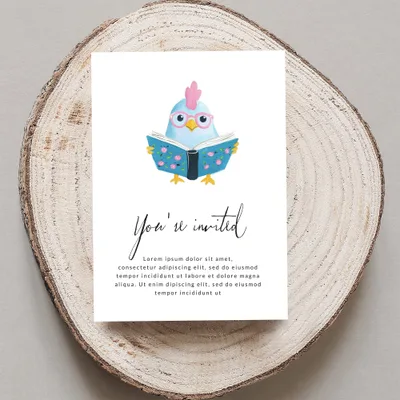 Cute chicken wearing glasses reads a book on a card that says "You're invited."