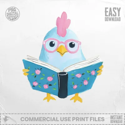 Light blue chicken wearing glasses reads an open book with pink flowers.