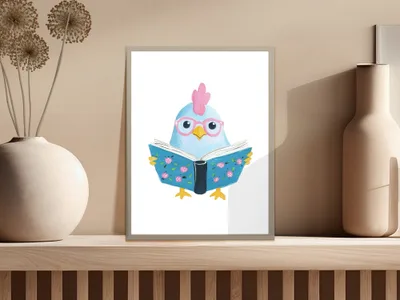 Blue cartoon chicken wearing glasses reads a book with flowers.