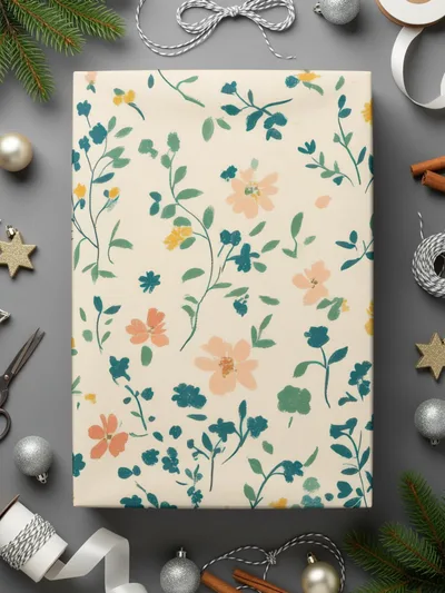 Floral Pattern Wrapping Paper with Green and Peach Blooms