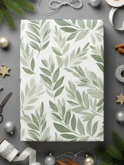 Elegant Green Leaf Design Festive Wrapping Paper