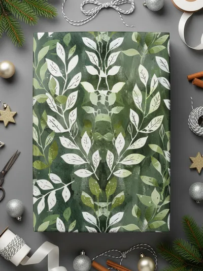 Elegant Green and White Leaf Pattern Wrapping Paper