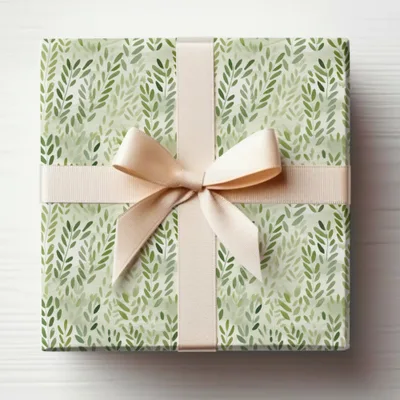 Green Leaf Pattern Gift Wrap with Beige Ribbon