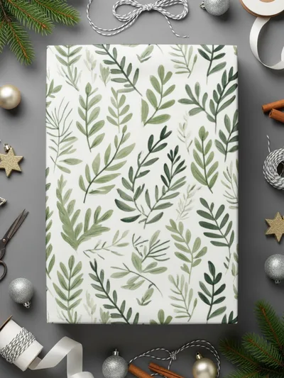 Green and White Leaf Pattern Holiday Wrapping Paper