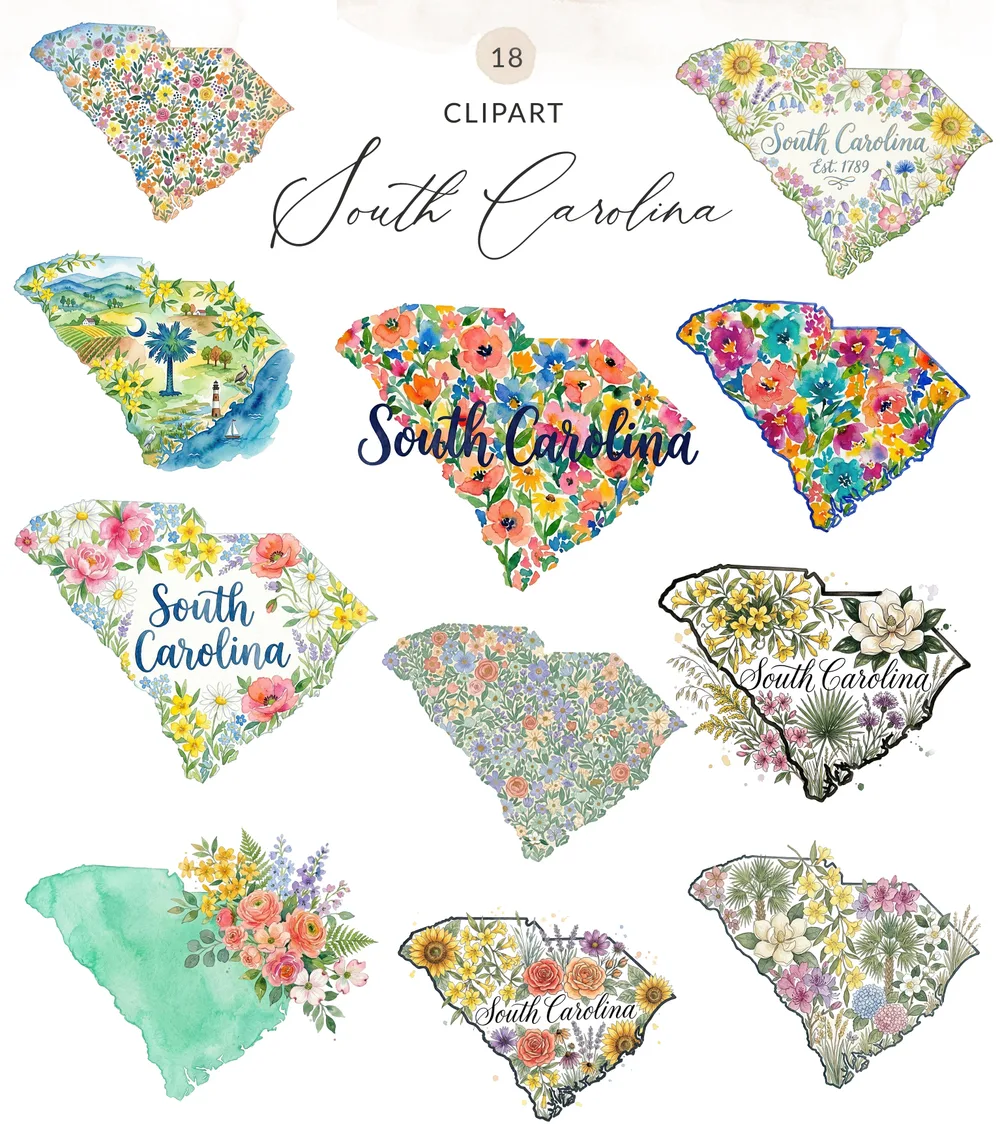 South Carolina Watercolor Floral Map Digital Art Print | SC State Outline Botanical Wall Art Gift for Her