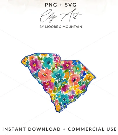 South Carolina Watercolor Floral Map Digital Art Print | SC State Outline Botanical Wall Art Gift for Her