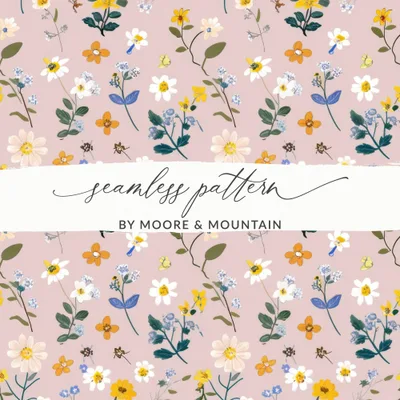 Spring Boho Wildflowers Pattern on Blush Vintage Wildflowers Digital Background