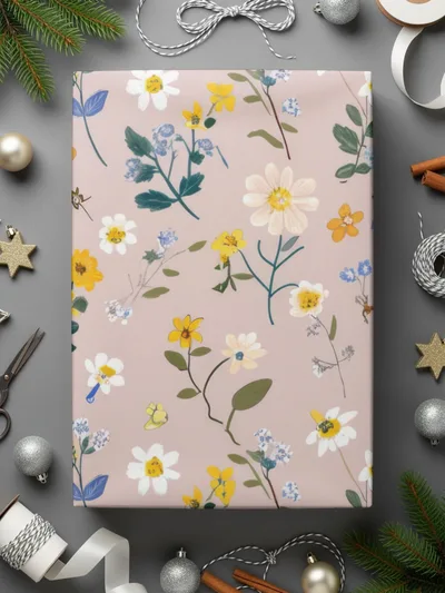 Floral Pattern Gift Wrap with Yellow and White Flowers
