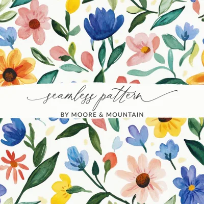 Spring Cute Watercolor Floral Field Seamless Pattern, Cute Painterly Summery Cutesy Floral