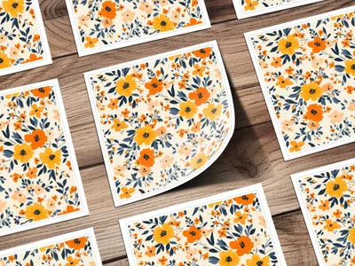 Bright Floral Pattern on Orange and Yellow Sticker Set