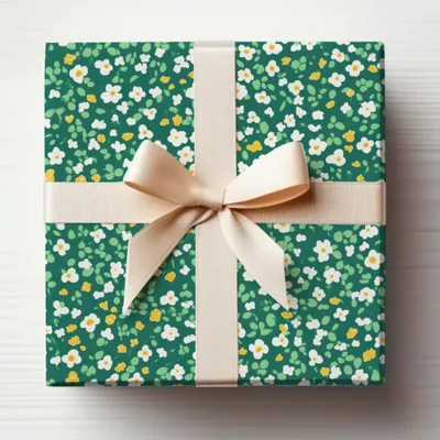 Floral Green Gift Wrap with Beige Bow Gift Packaging