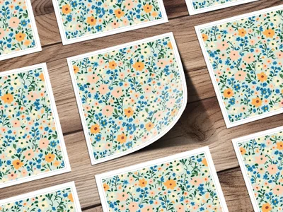 Vibrant Floral Pattern with Blue and Orange Flowers Sticker